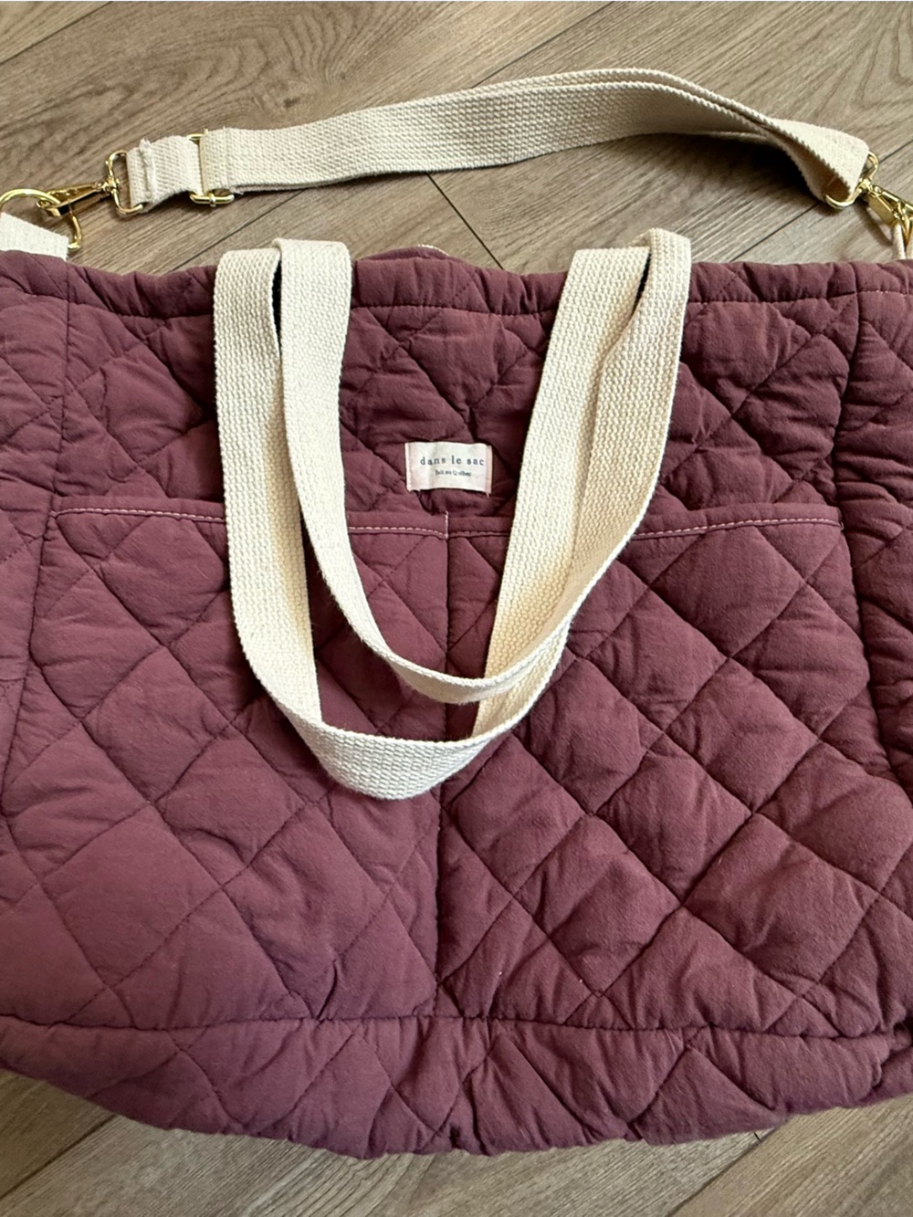 Quilted Travel Tote in Mauve with Cream Straps -